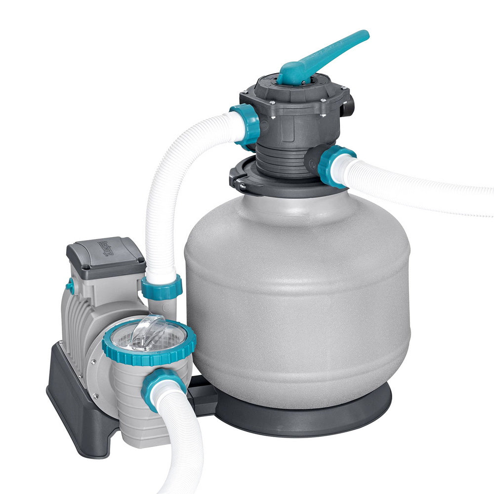 Pool sand filter pump with gray canister, teal valve, and connected white inlet hose