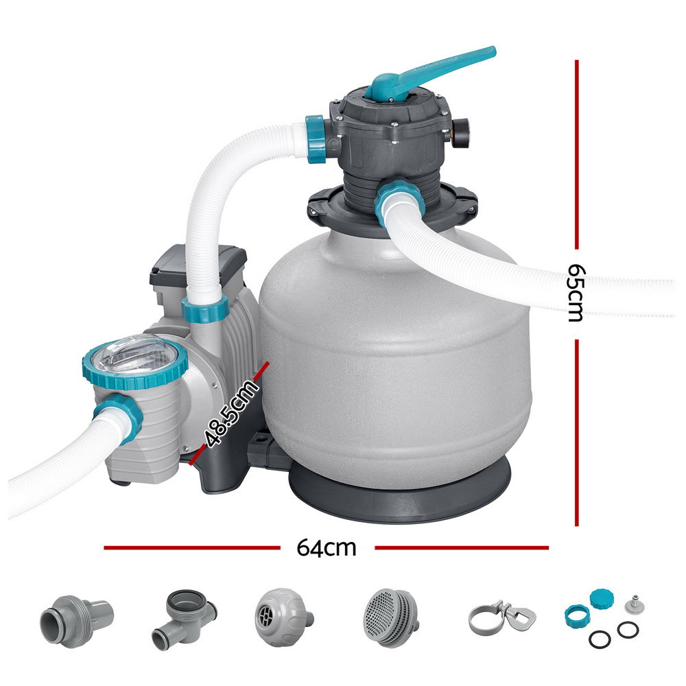 Pool sand filter pump with gray tank, teal control head, and side unit with hoses