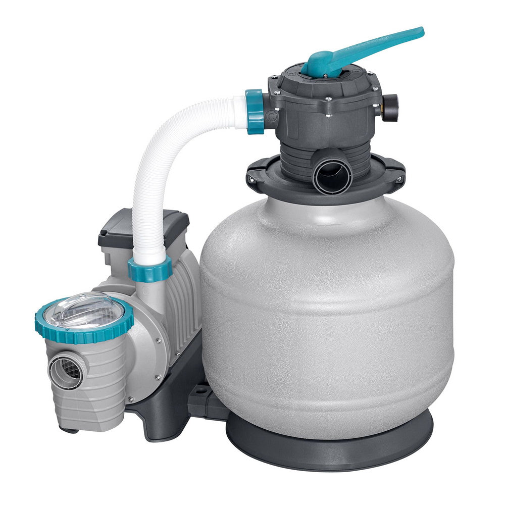 Pool sand filter pump with gray tank, teal control head, and white suction hose