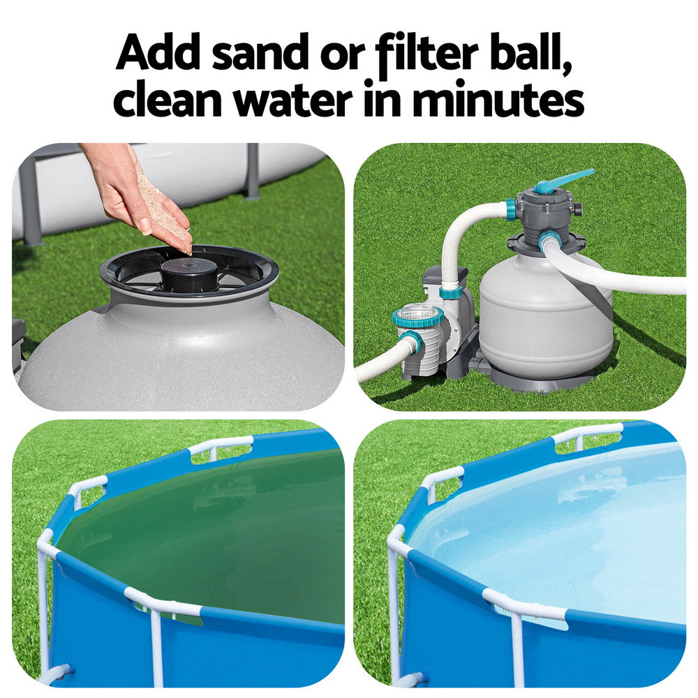 Pool sand filter pump with gray tank and teal valve; sand fill cap shown