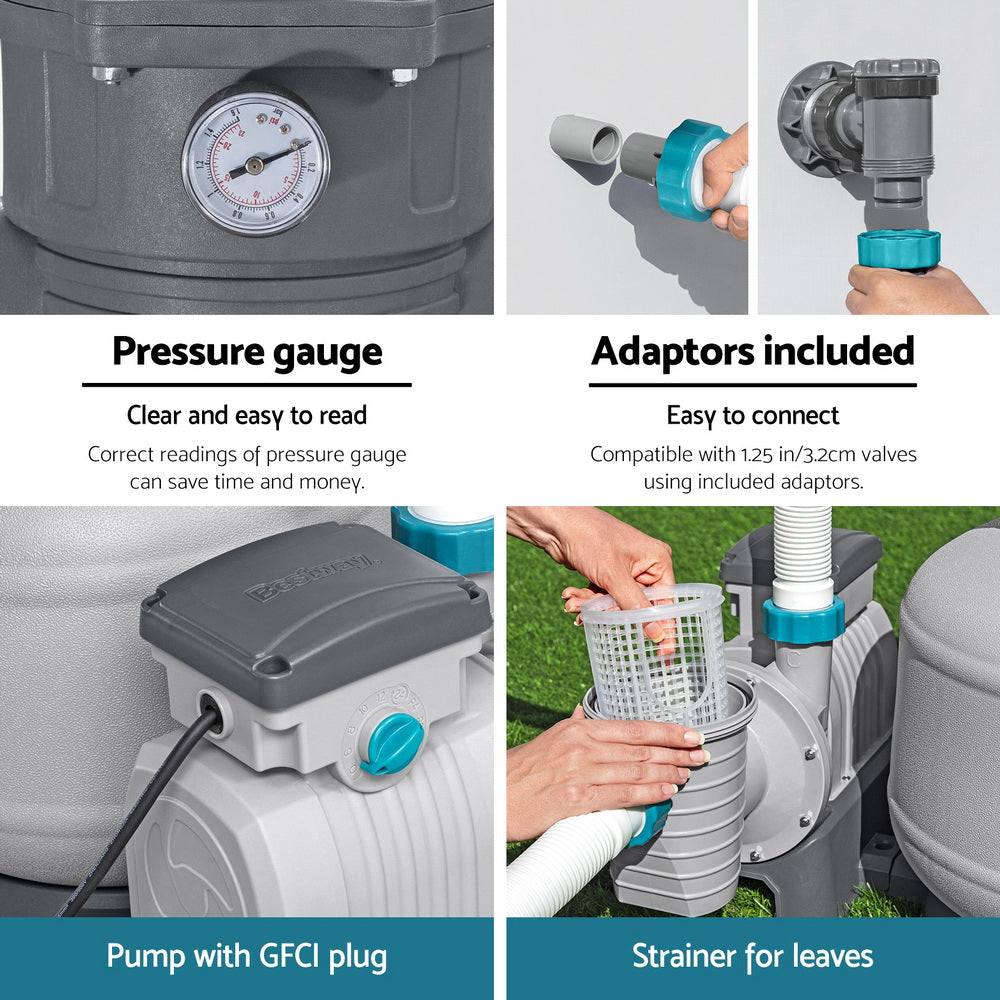 Pool sand filter pump with pressure gauge, included adaptors, and leaf strainer