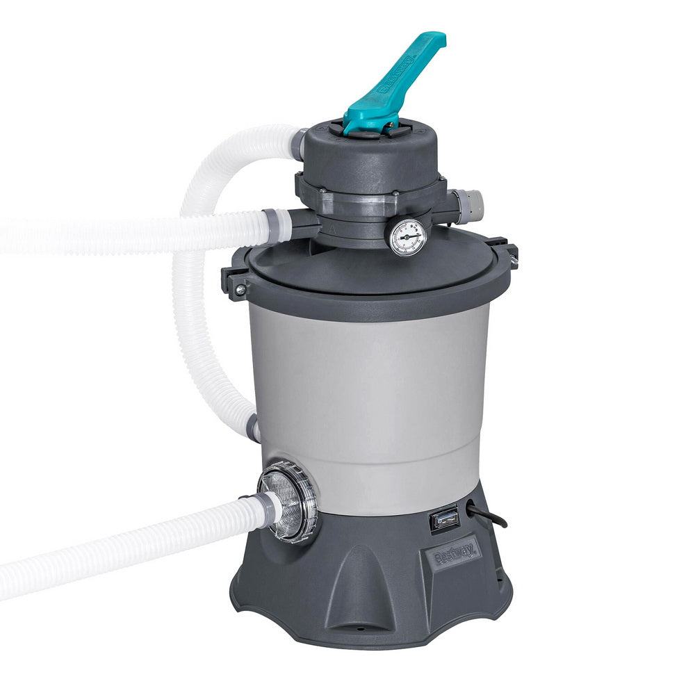 Pool sand filter pump with grey tank, dark base, teal handle, connected white hoses