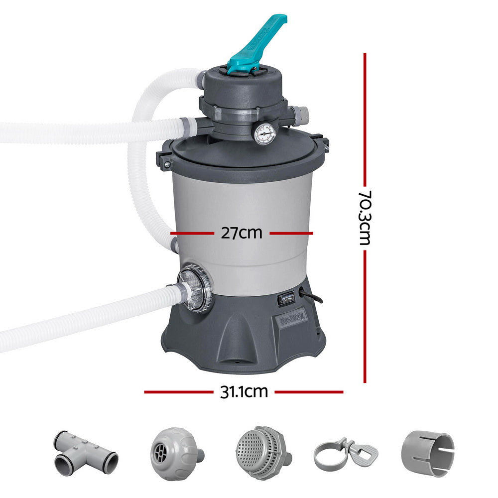 Pool sand filter pump with pressure gauge, grey tank, dark base, teal handle, hose ports
