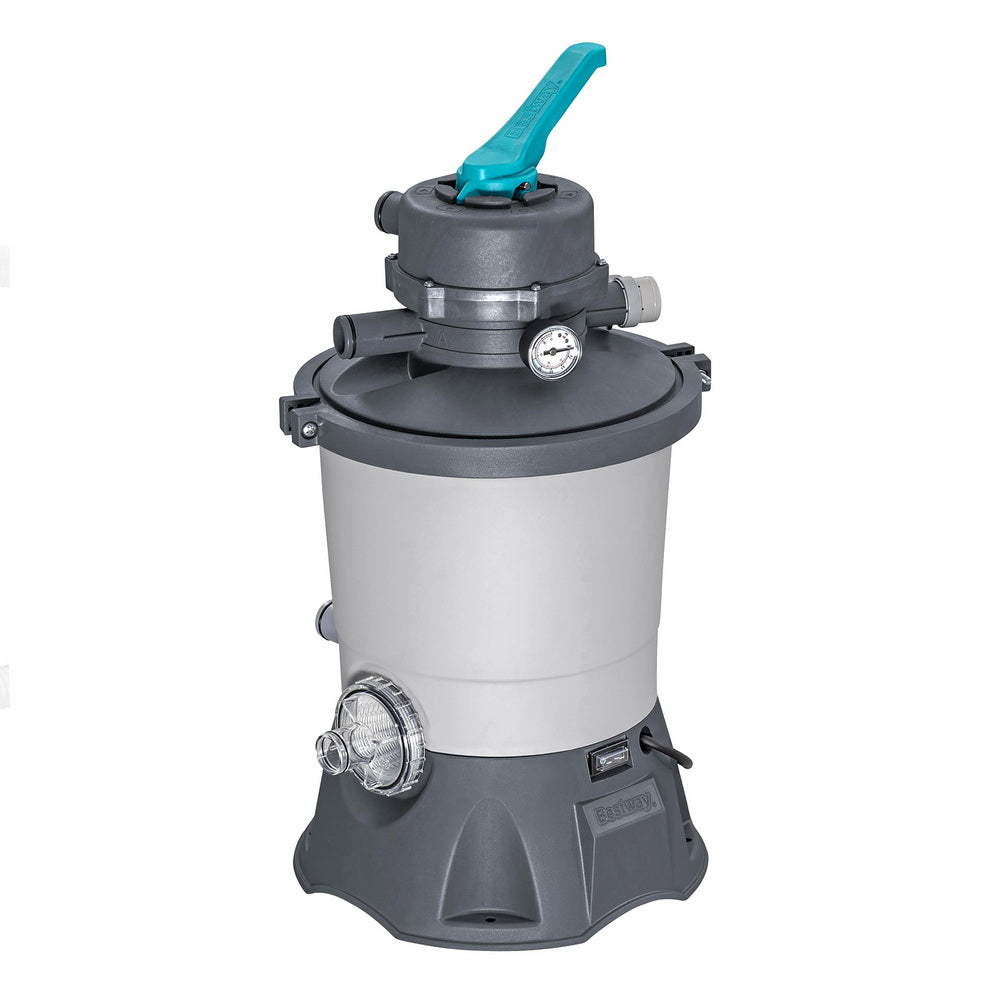 Pool sand filter pump with grey tank, dark base, teal top handle, side hose fittings