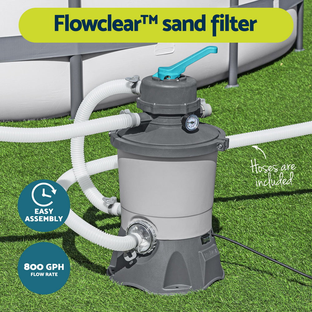 Pool sand filter pump with grey tank and dark base, teal handle, connected hoses