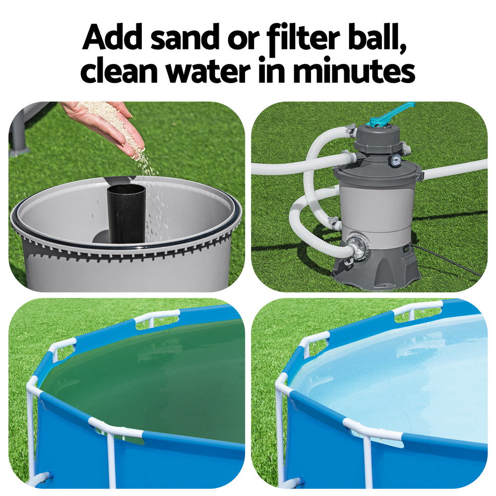 Pool sand filter tank with open top for adding media, teal valve handle visible