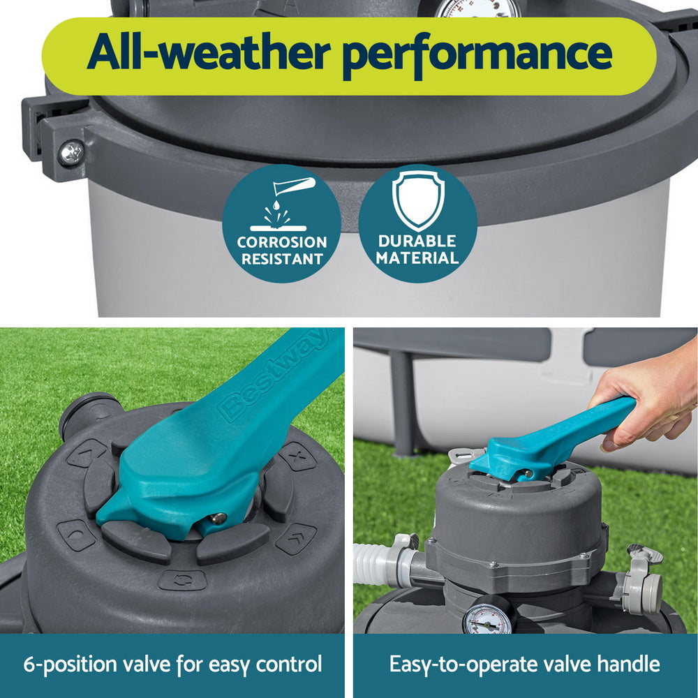 Sand filter pump tank with teal 6-position valve handle and durable grey housing