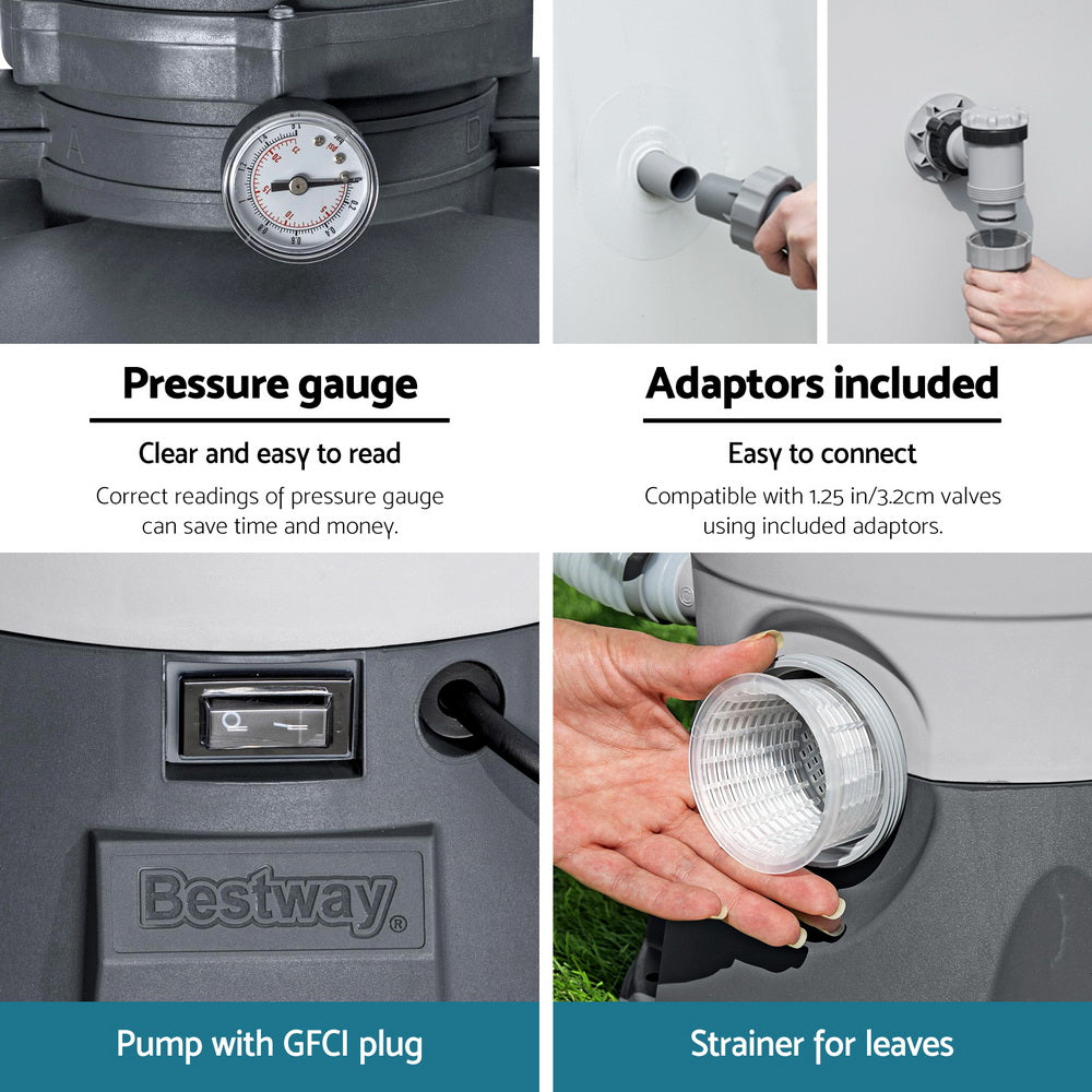 Pool sand filter pump components: pressure gauge, adapters, GFCI plug, leaf strainer