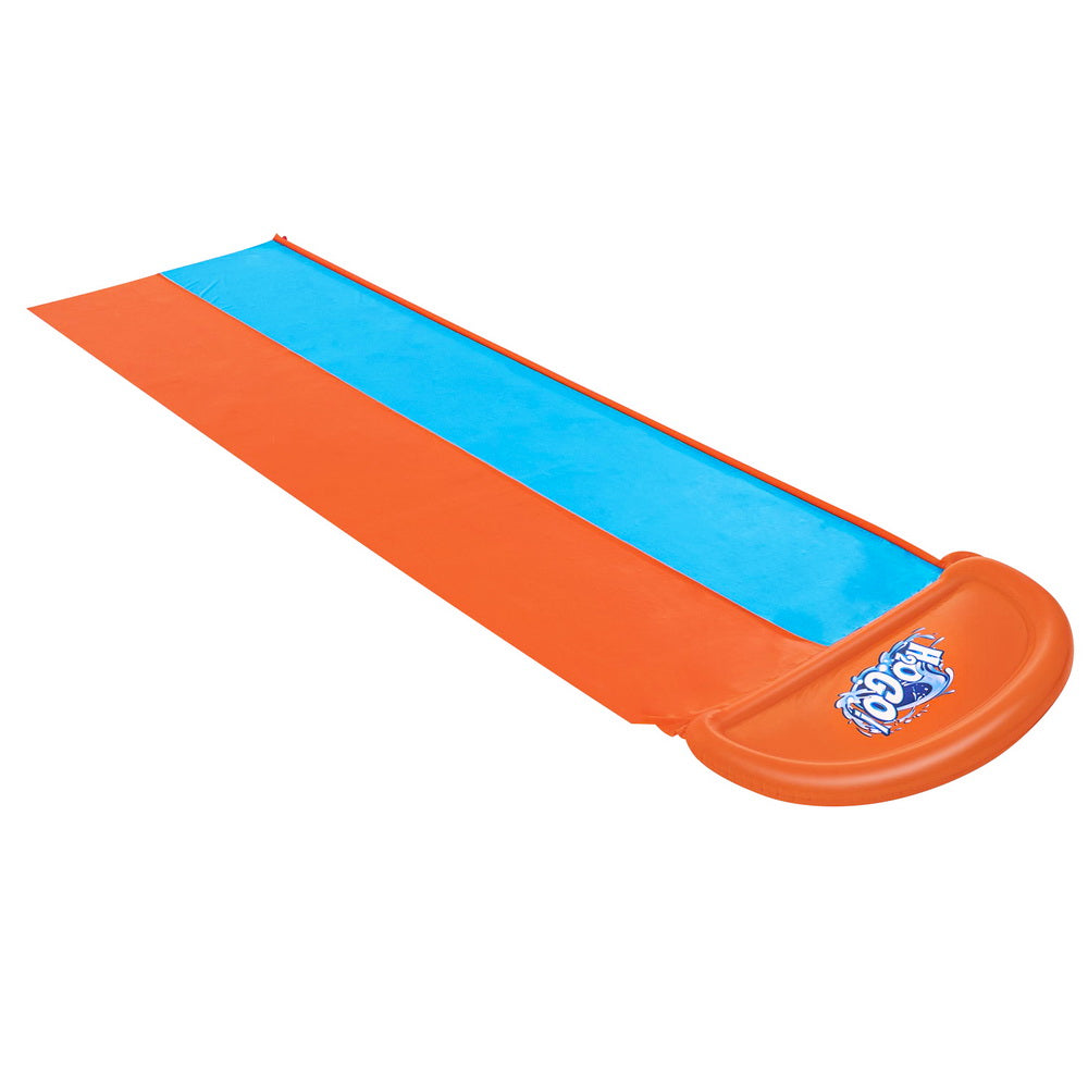 Orange and blue inflatable water slide mat with raised end, dual lanes