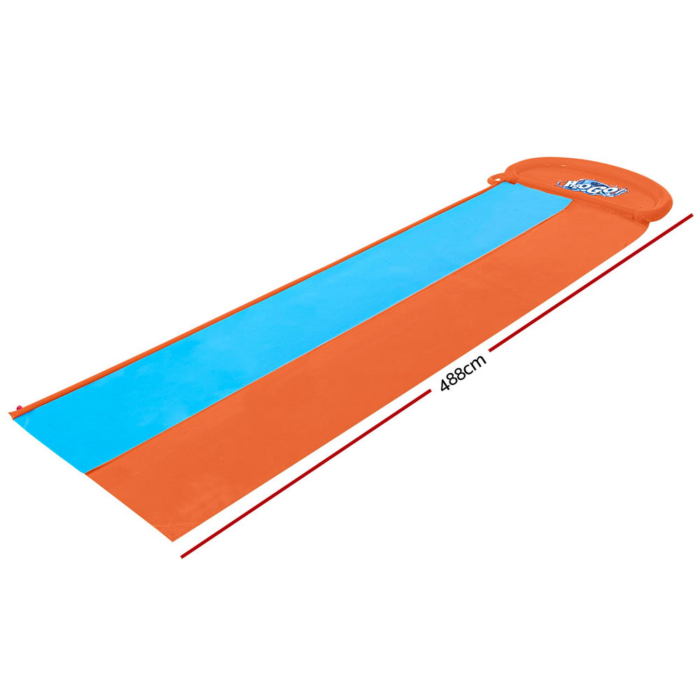 Orange and blue inflatable slide with dual lanes, 488cm length