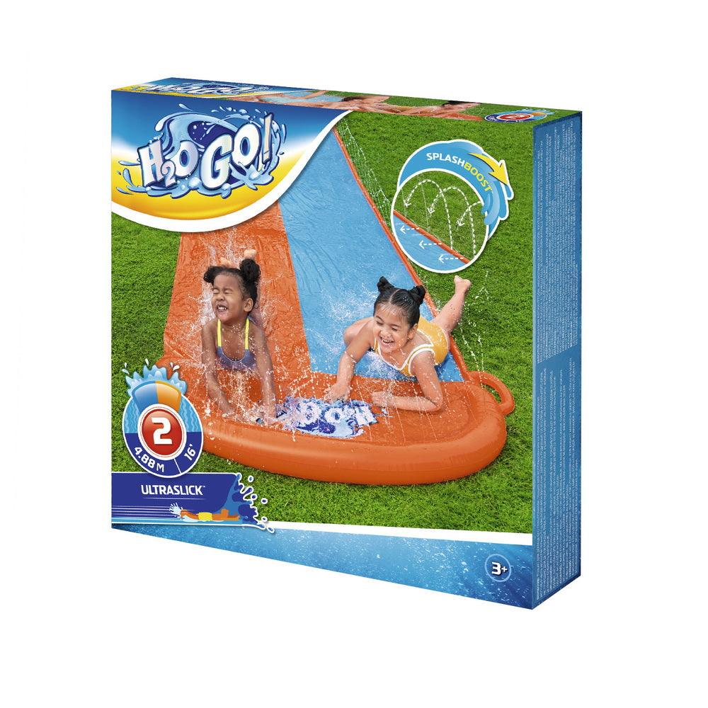 Inflatable water slide splash pool play set in retail box, orange and blue lanes