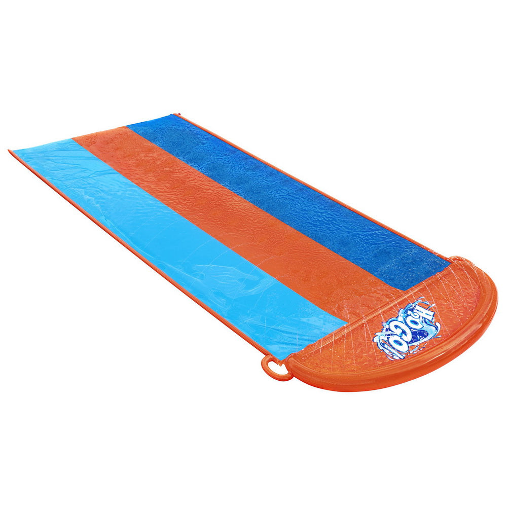 Triple-lane inflatable water slide, orange base with blue and orange lanes