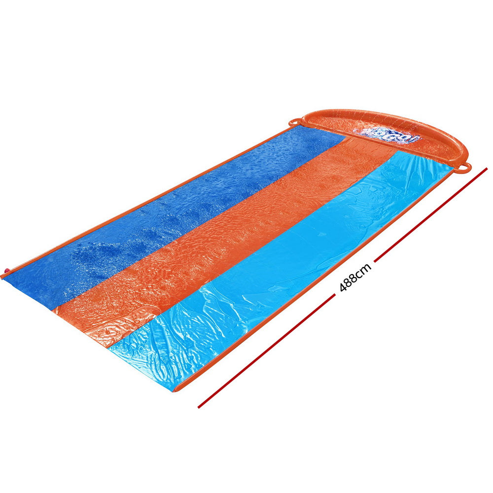 Inflatable triple water slide, orange end cap with blue and orange slide lanes