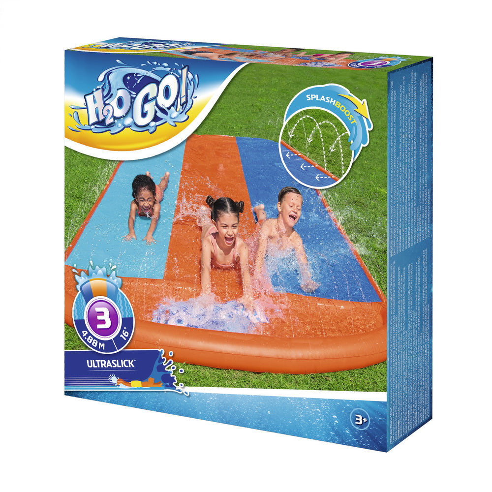 Inflatable triple-lane water slide box with blue and orange slide design