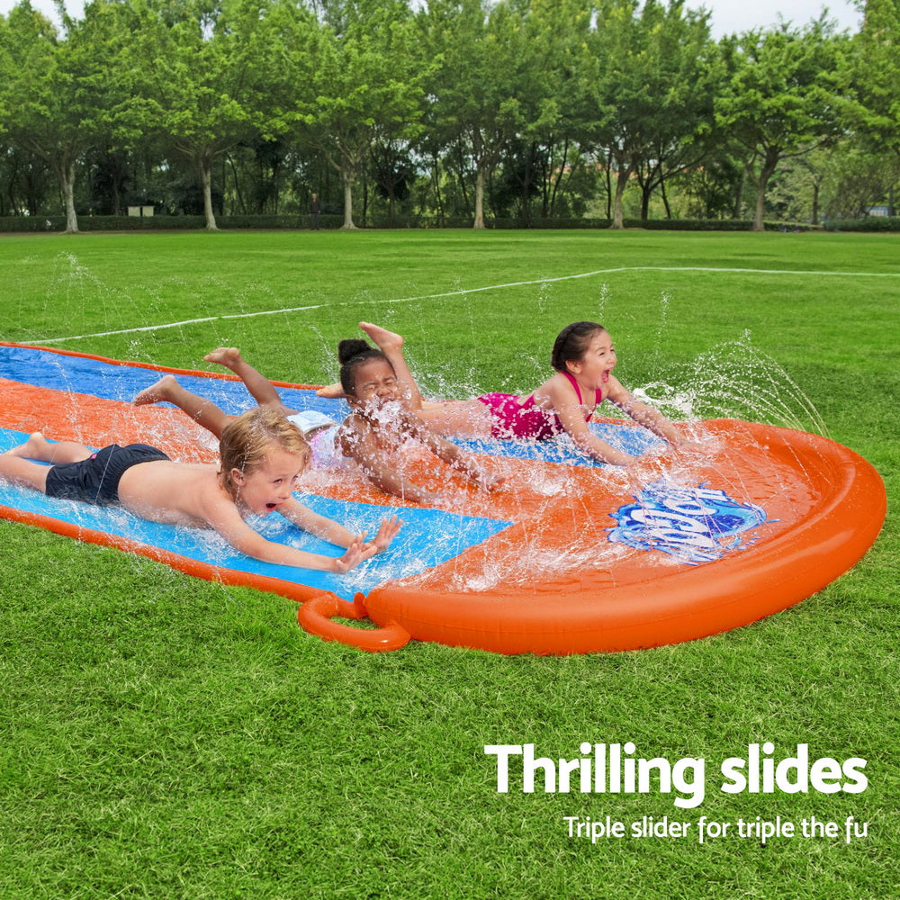 Inflatable triple water slide ring with orange rim and blue/orange lanes
