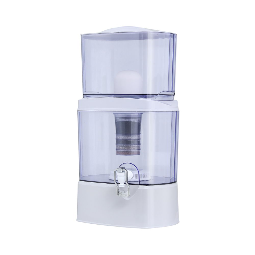 Benchtop water filter dispenser with clear top tank, multi-stage cartridge, and tap