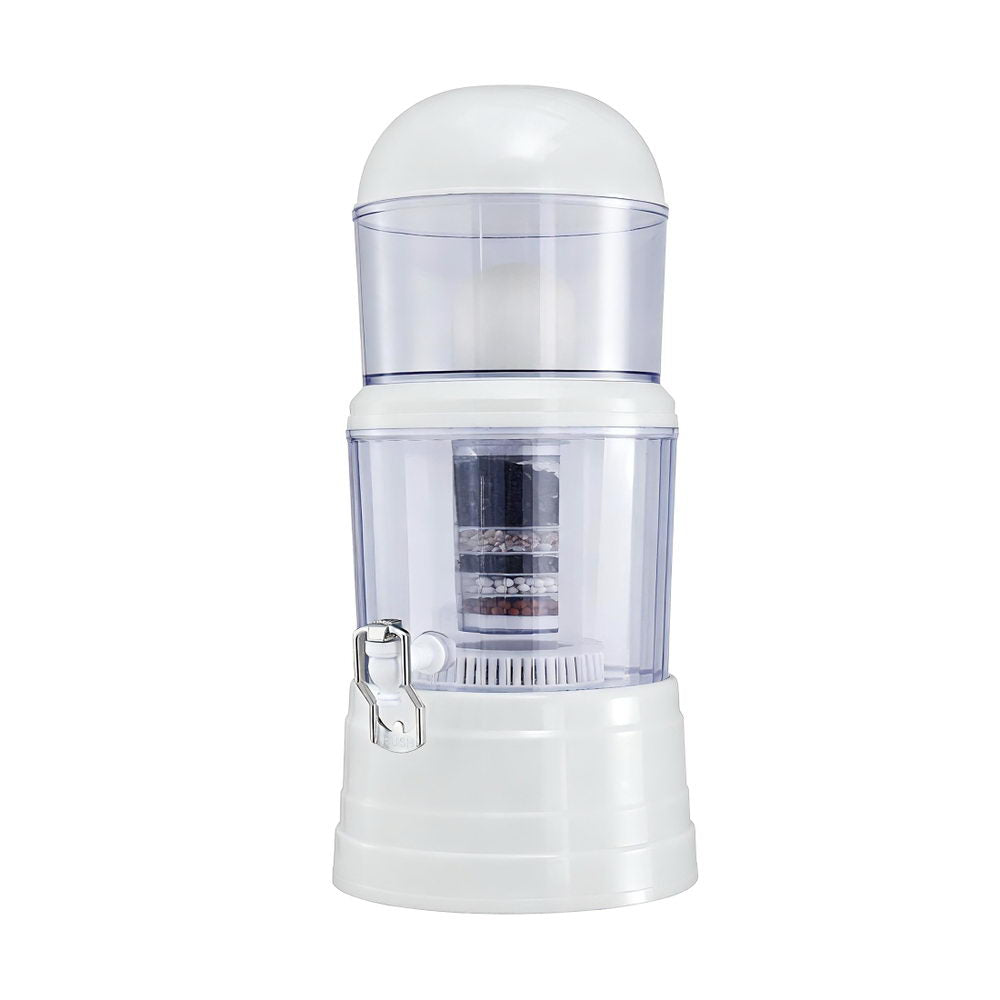 White gravity water filter with transparent canister and hinged tap handle