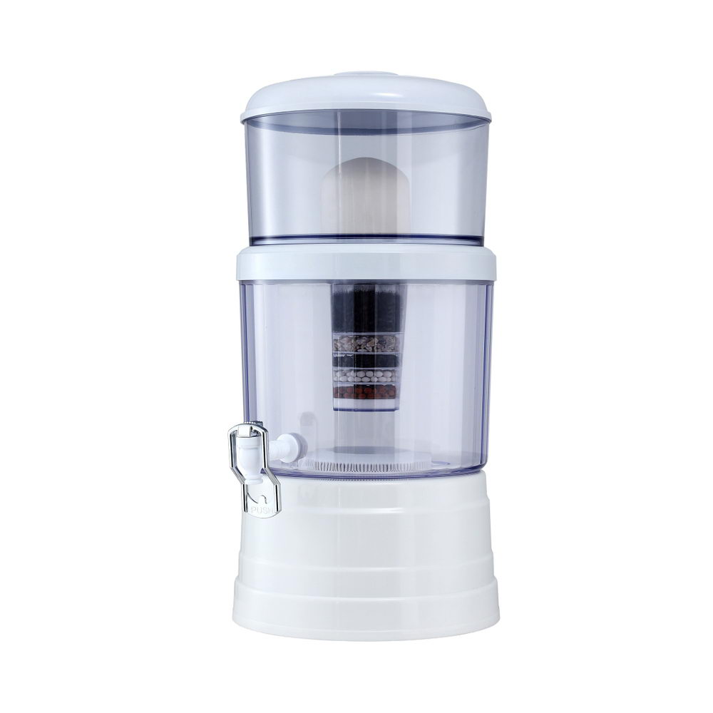 Benchtop gravity water filter with transparent chambers and tap, white base.