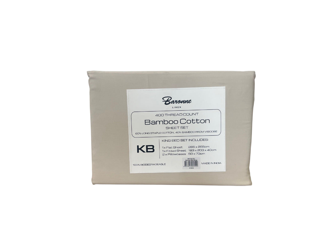 Packaged bamboo cotton product with Baronne label on a white background