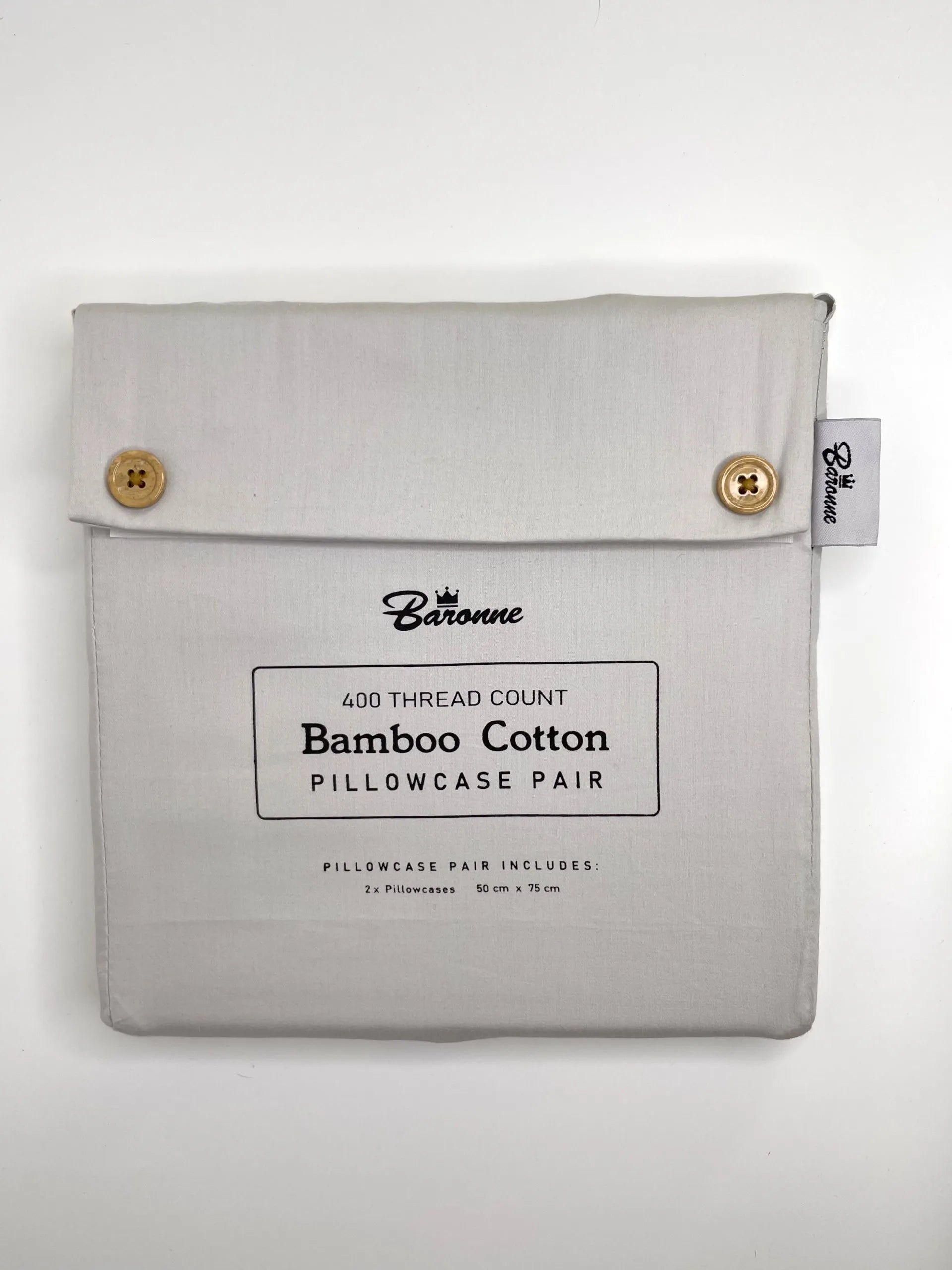 Gray pillowcase packaging with Baronne branding on a white background