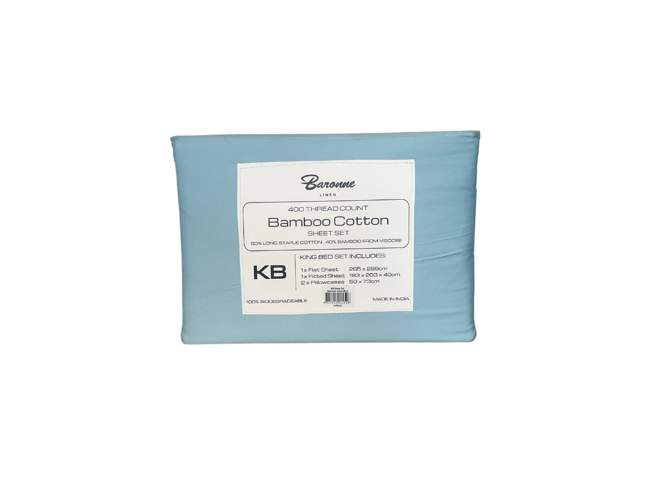 Packaged bamboo cotton sheet set with Baronne label on a white background