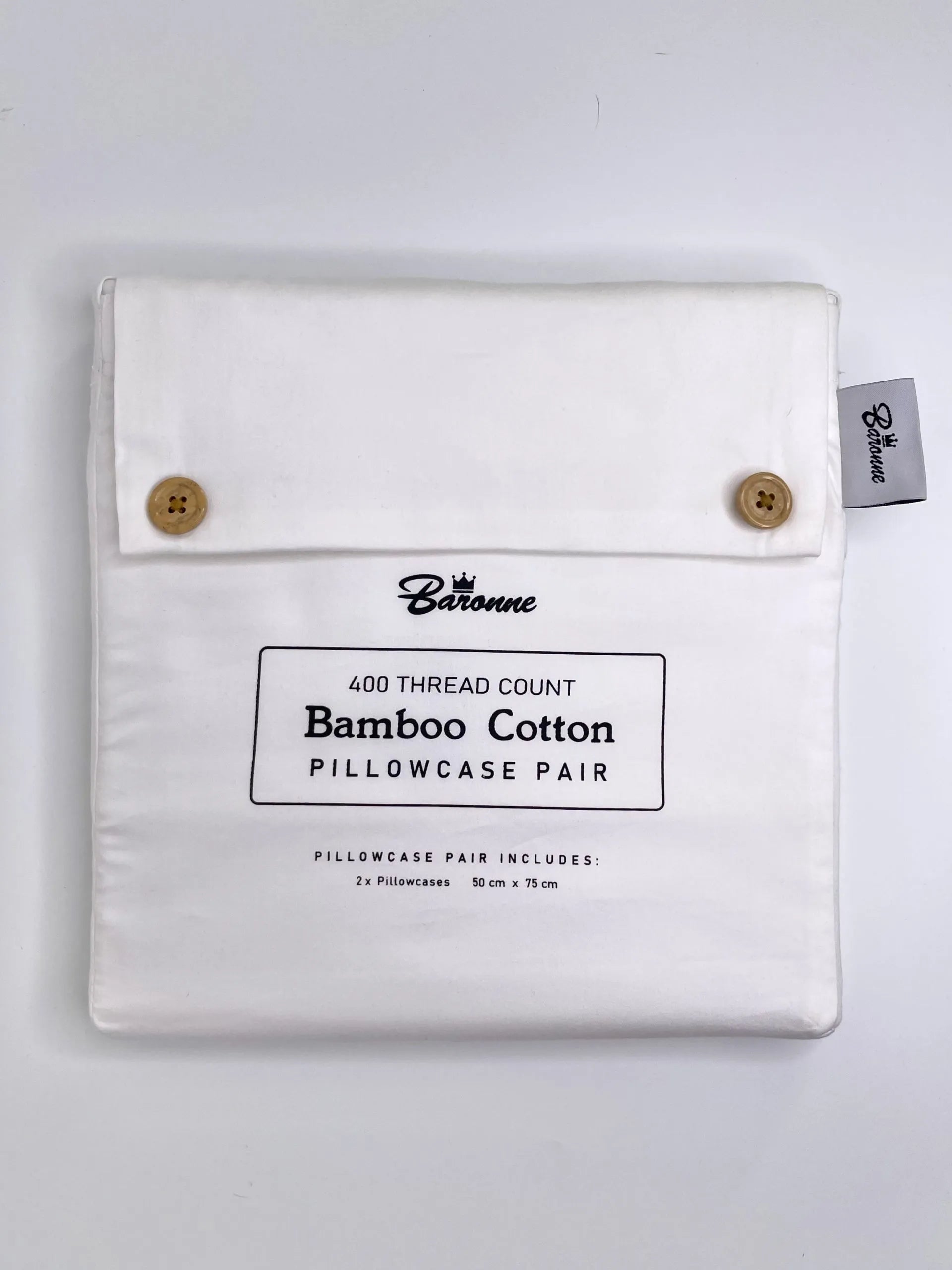 Packaged bamboo cotton pillowcase pair with Baronne branding on a white background