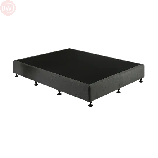 Dark grey bed base platform with corner feet and fabric-covered frame