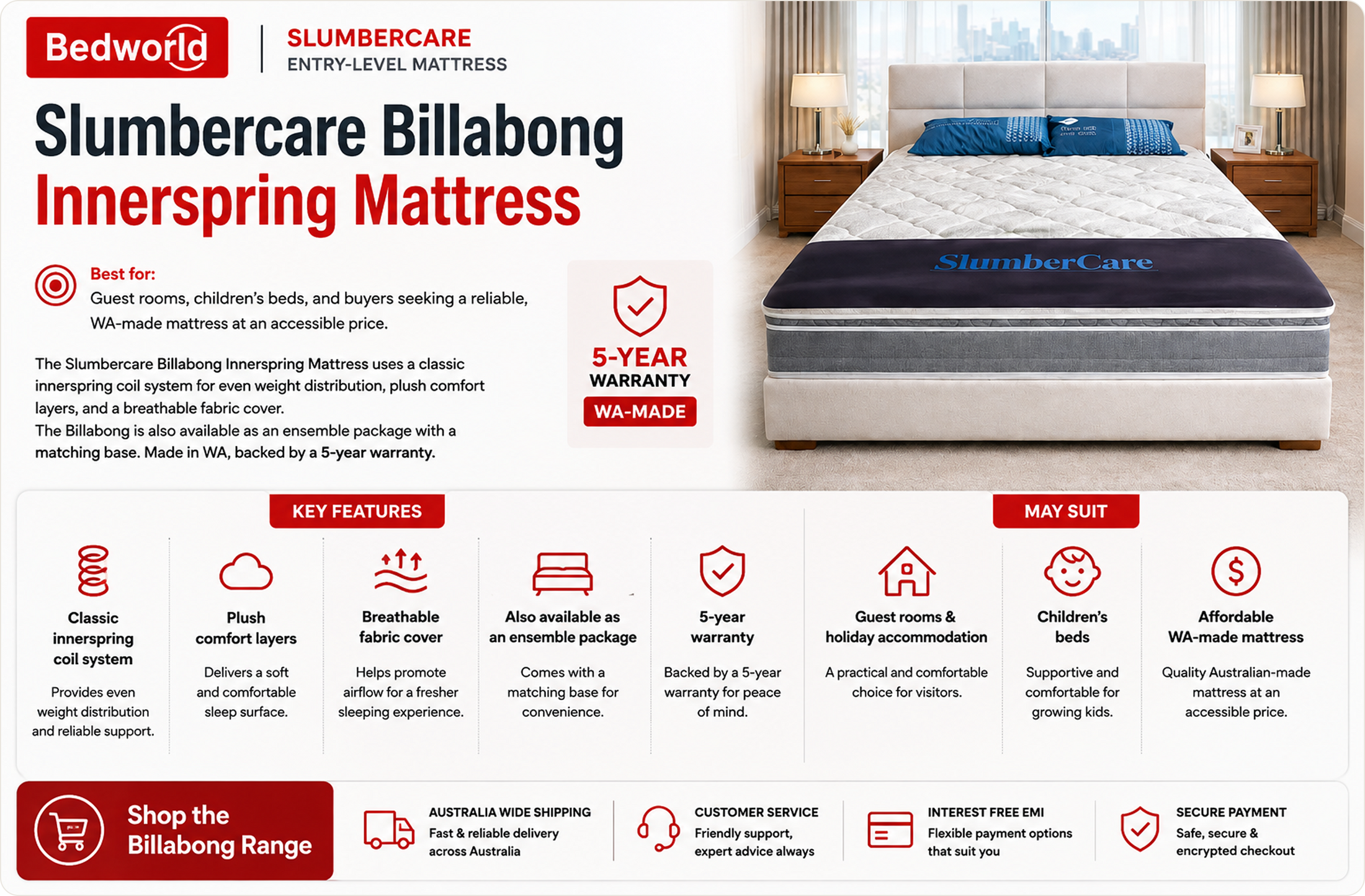 Bedworld Slumbercare Billabong Innerspring Mattress with 5-year warranty