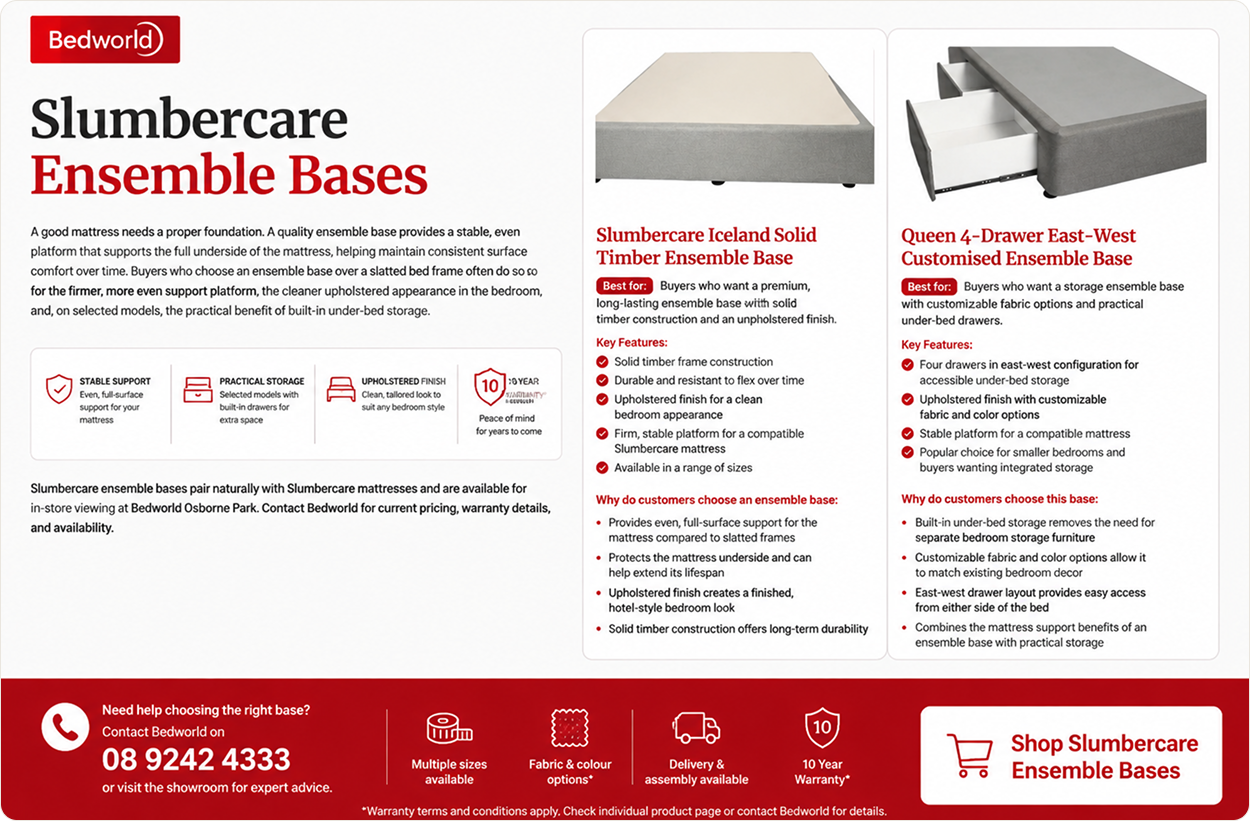 Bedworld Slumbercare Ensemble Bases with storage and adjustable mattress base options