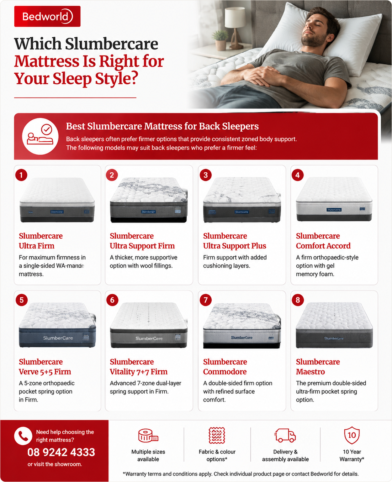 Bedworld Slumbercare mattress guide showing 8 mattress options for different sleep styles
