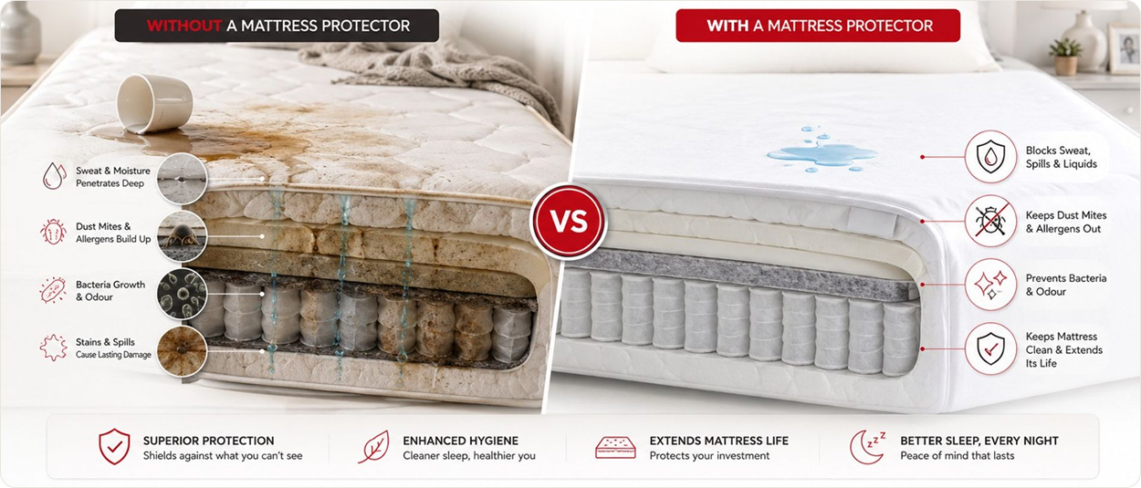 Bedworld mattress protector comparison showing protection against sweat, spills, dust mites and stains