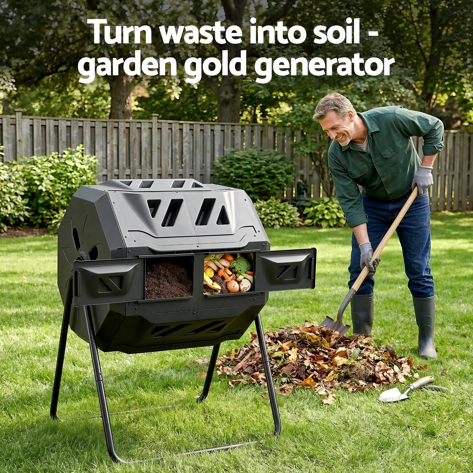 Gardeon Compost Bin Dual-Chamber 160L Composter Tumbler Rotating Garden Recycle Food Waste