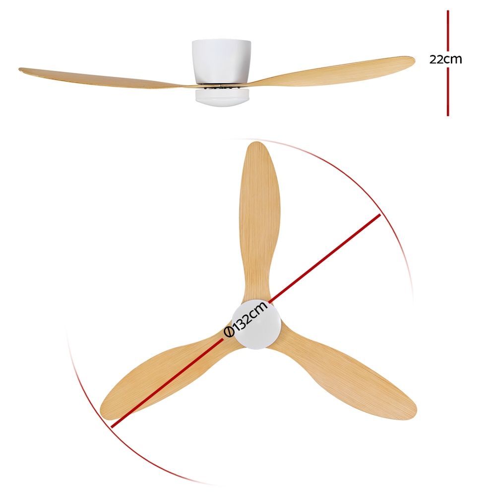 Ceiling fan with light, light wood blades and white light housing.