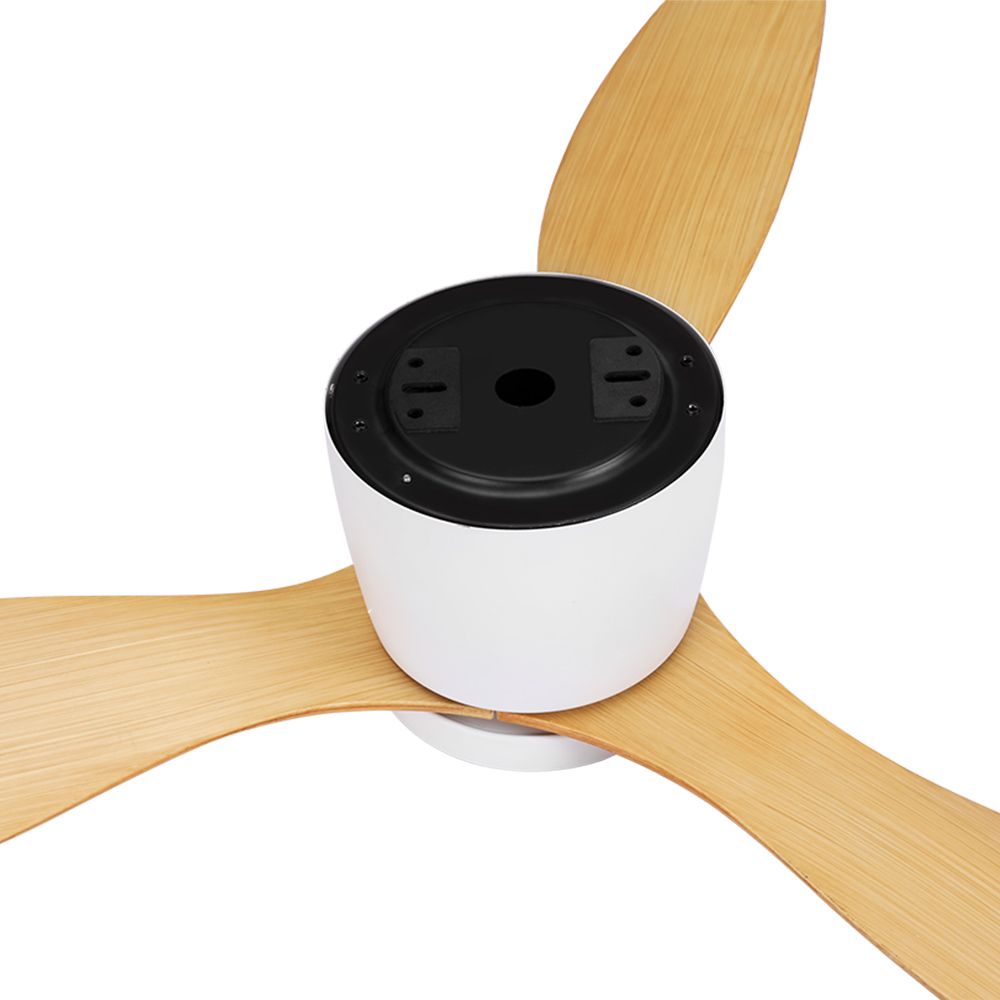 Ceiling fan with light, light wood blades and white canopy with black motor cover.