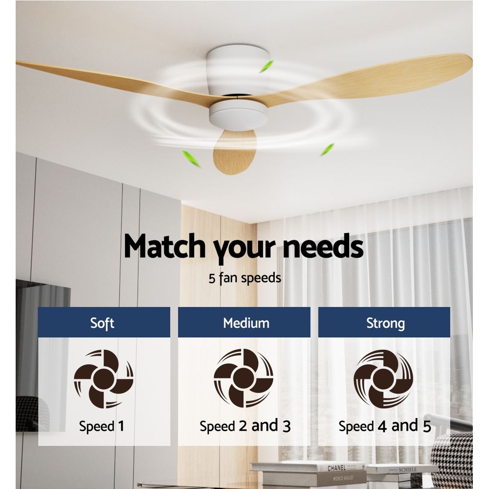 Ceiling fan with integrated light, light wood blades and white central light.