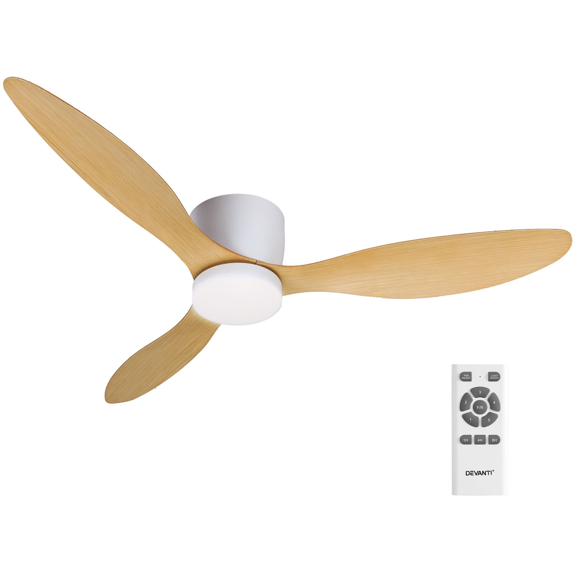 Ceiling fan with light, light wood blades, white housing, and included remote.