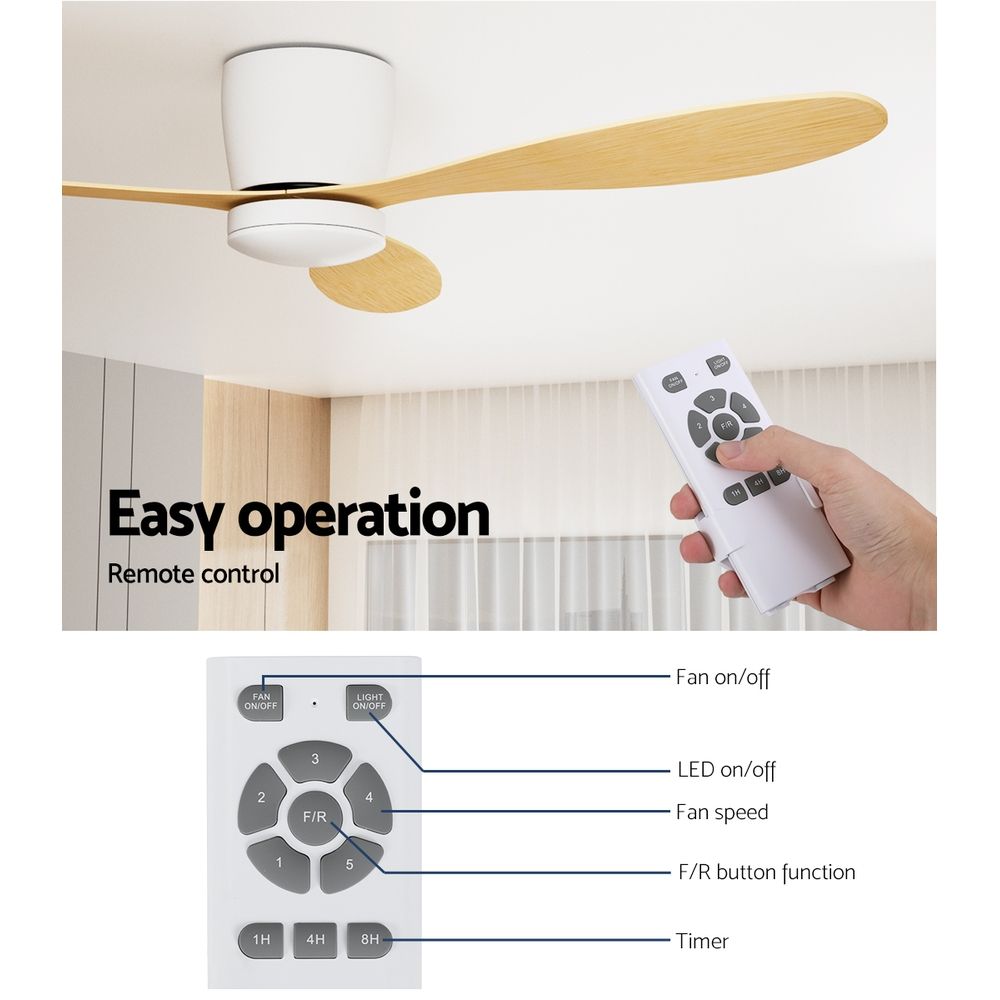 Ceiling fan with light and remote control; light wood blades and white housing.