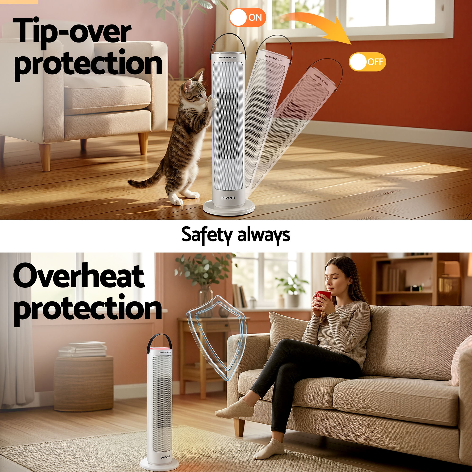 Devanti 2000W Ceramic Tower Heater Space Heaters Oscillating Indoor White