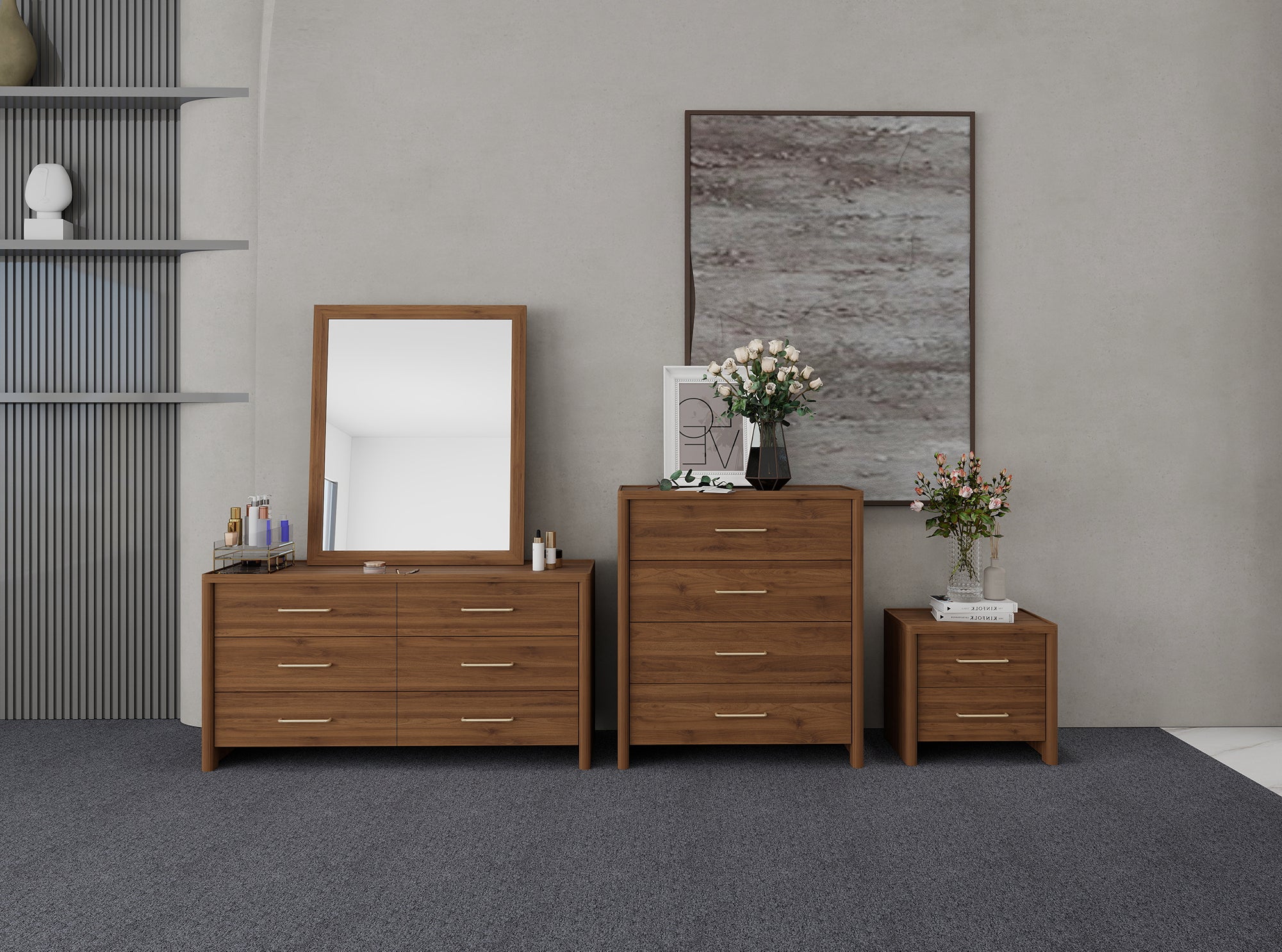 Wooden dresser, mirror, and nightstands in a bedroom setting with abstract art on the wall.