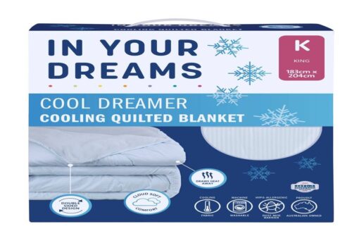 Box of 'Cool Dreamer' cooling quilted blanket with branding and product details.