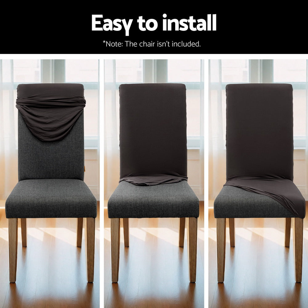 Dark grey spandex dining chair slipcover shown in multiple installation stages