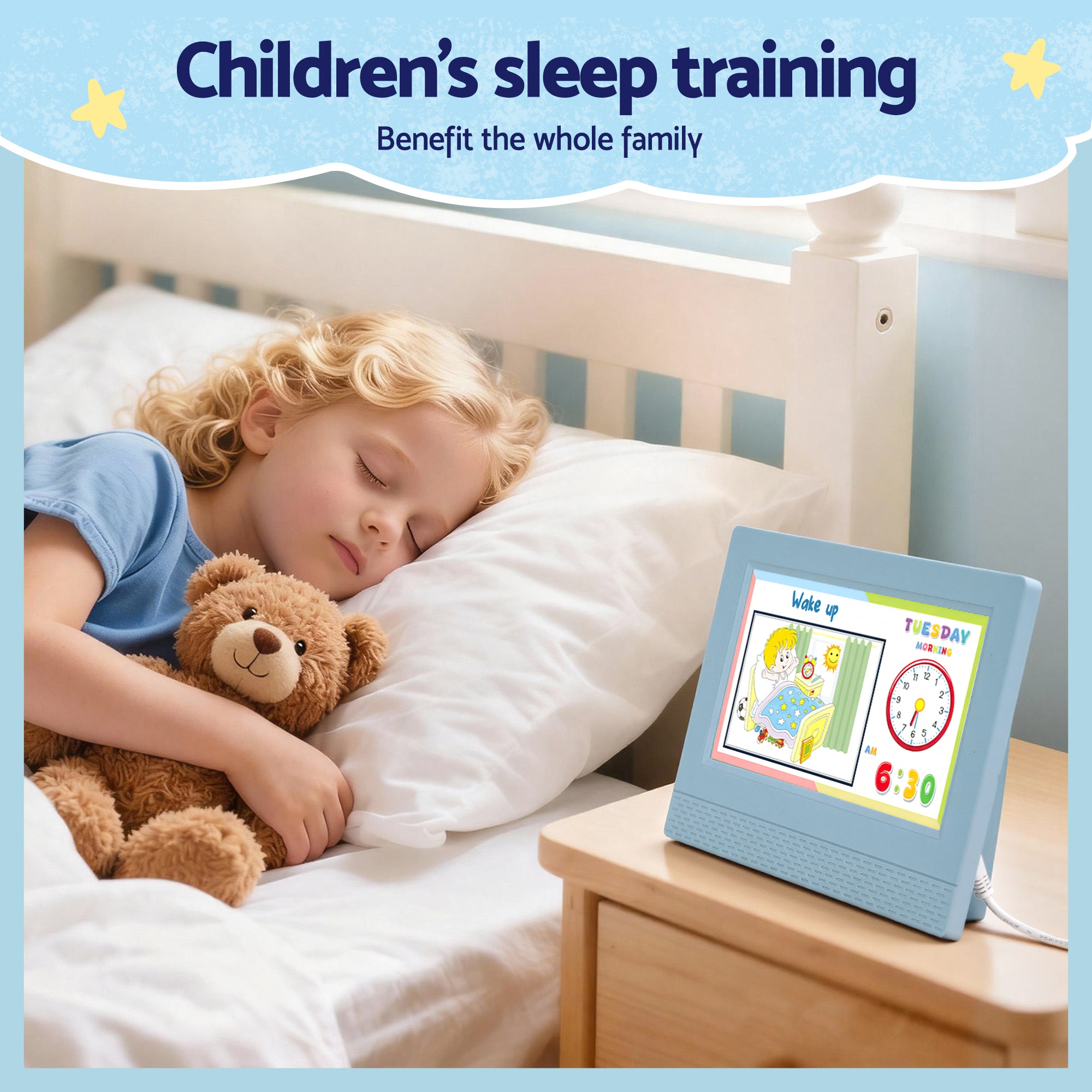 Artiss 7" Digital Day Clock Calendar Alarm LCD Children Sleep Trainer Clocks Blue Bedworld
