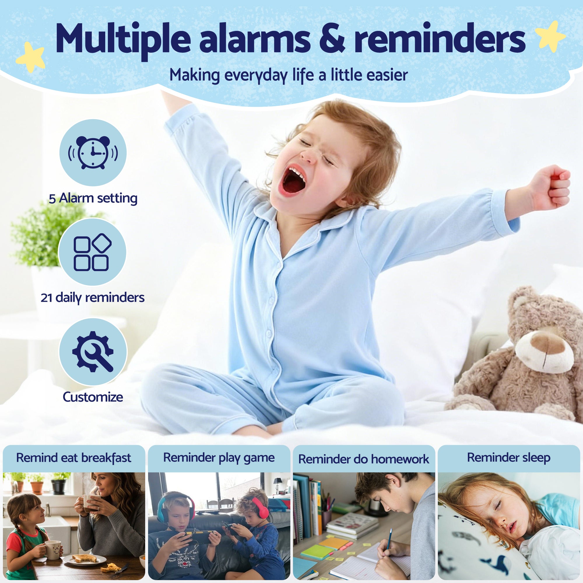 Artiss 7" Digital Day Clock Calendar Alarm LCD Children Sleep Trainer Clocks Blue Bedworld