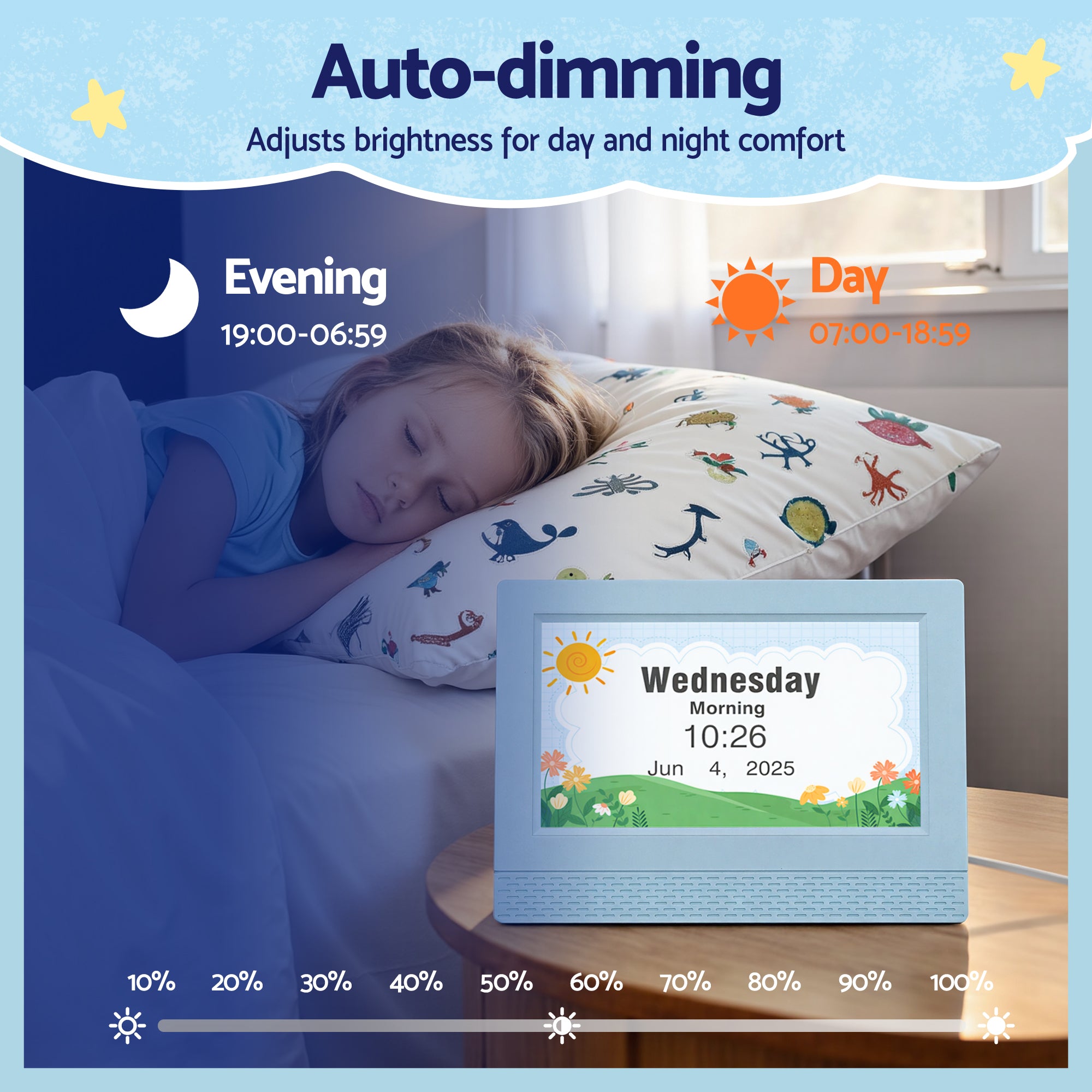Artiss 7" Digital Day Clock Calendar Alarm LCD Children Sleep Trainer Clocks Blue Bedworld