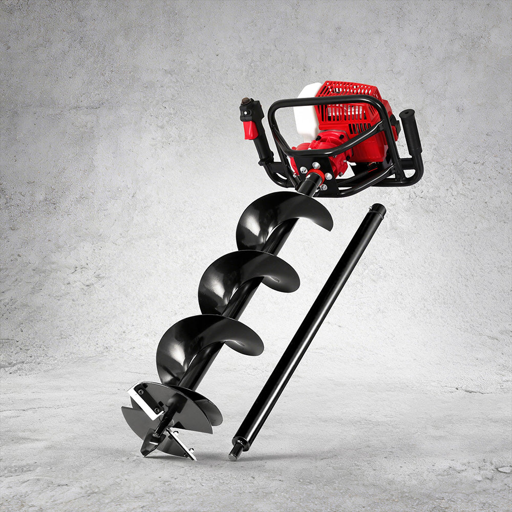 Petrol post hole digger with 200mm spiral auger and red engine unit
