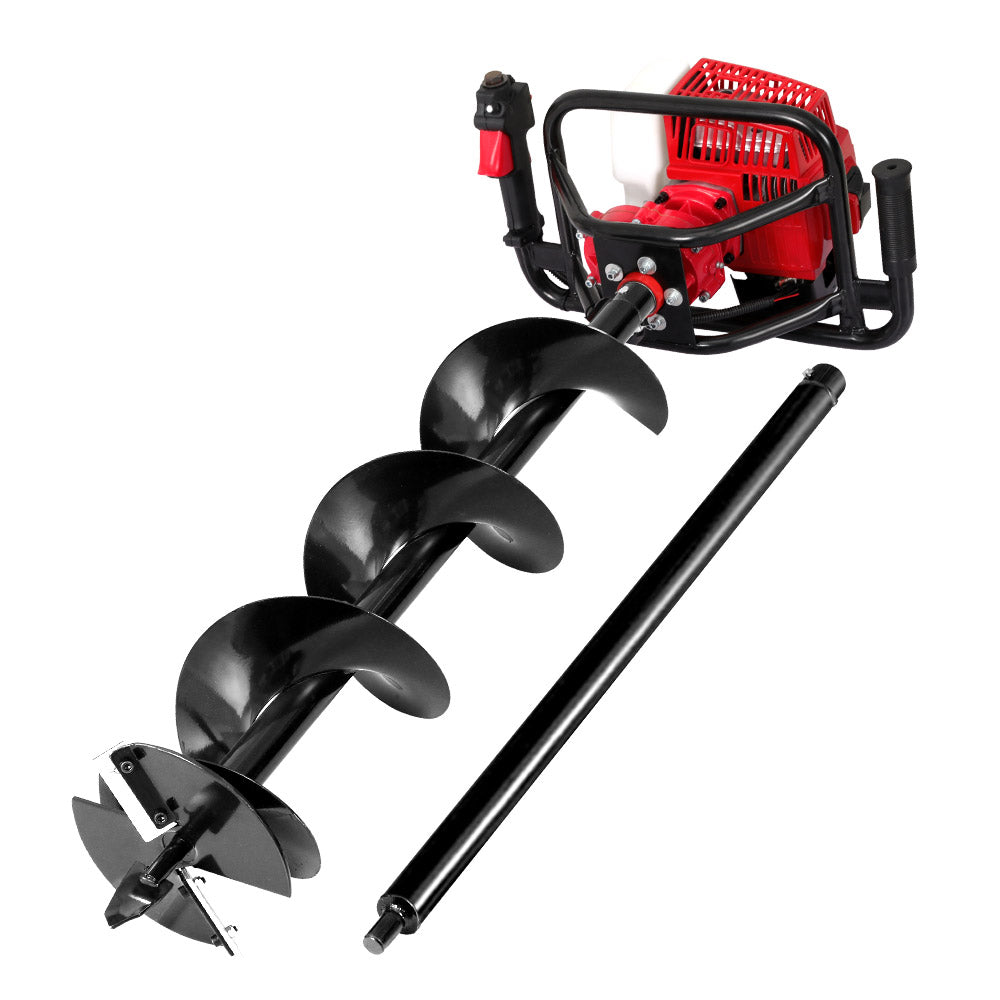 Petrol auger drill extension with spiral bit, red engine frame and black handle