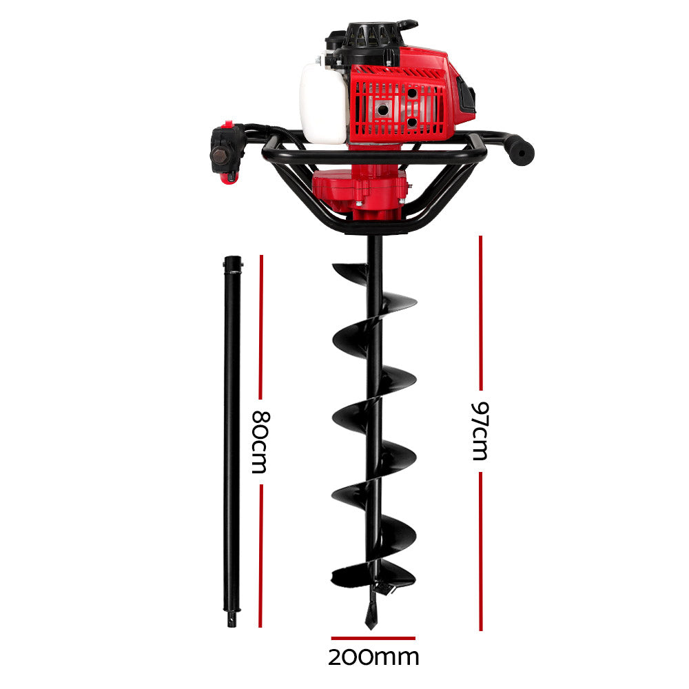 200mm spiral auger post hole digger with red engine housing and side handles