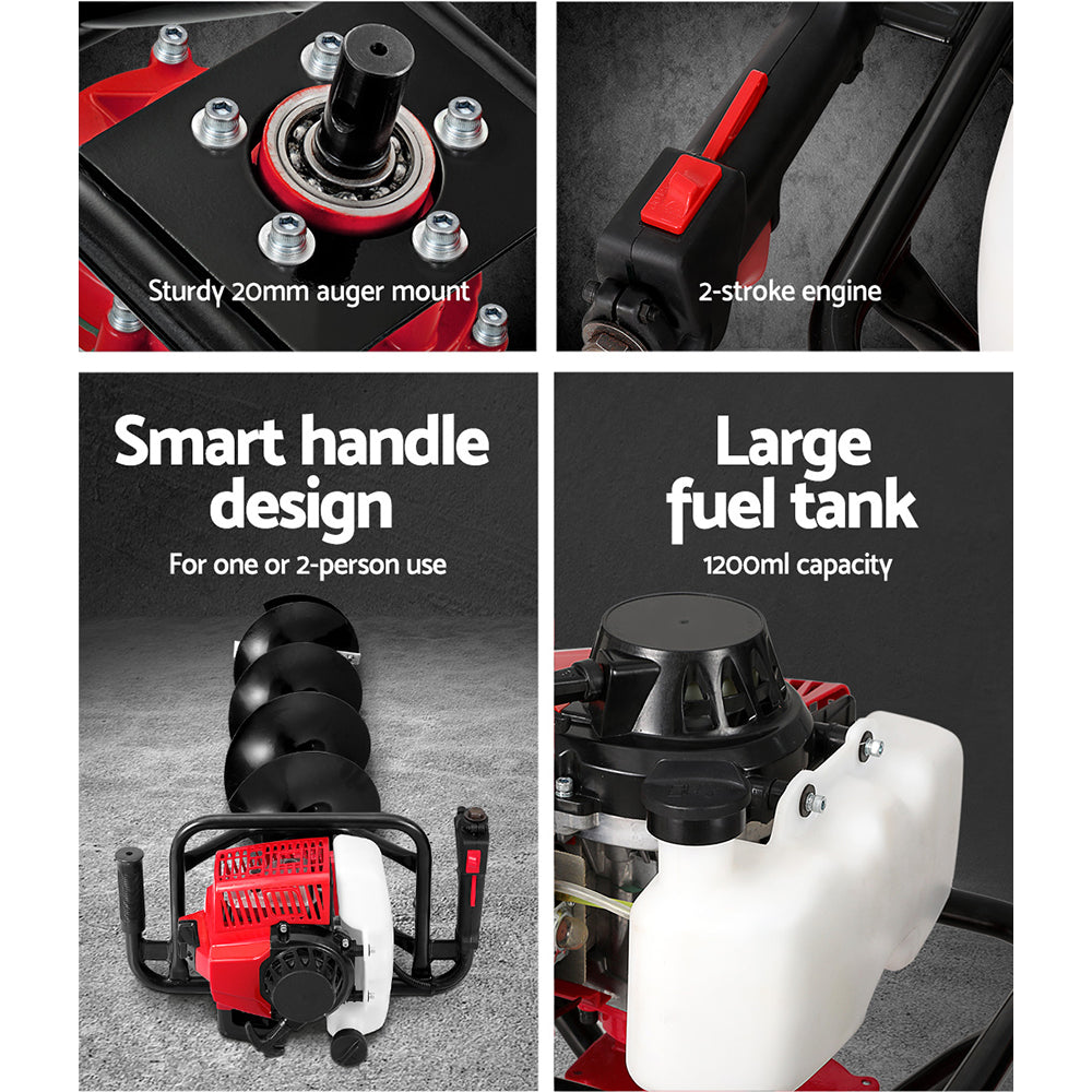 Petrol post hole digger handle, fuel tank and auger mount components in layout