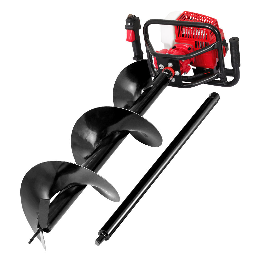 Post hole auger drill with black spiral bit and extended steel rod