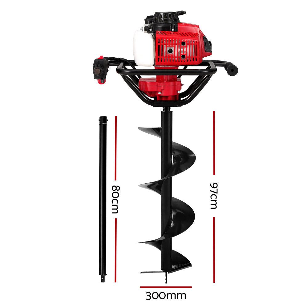 300mm auger drill bit with black spiral flights and red dimension markings